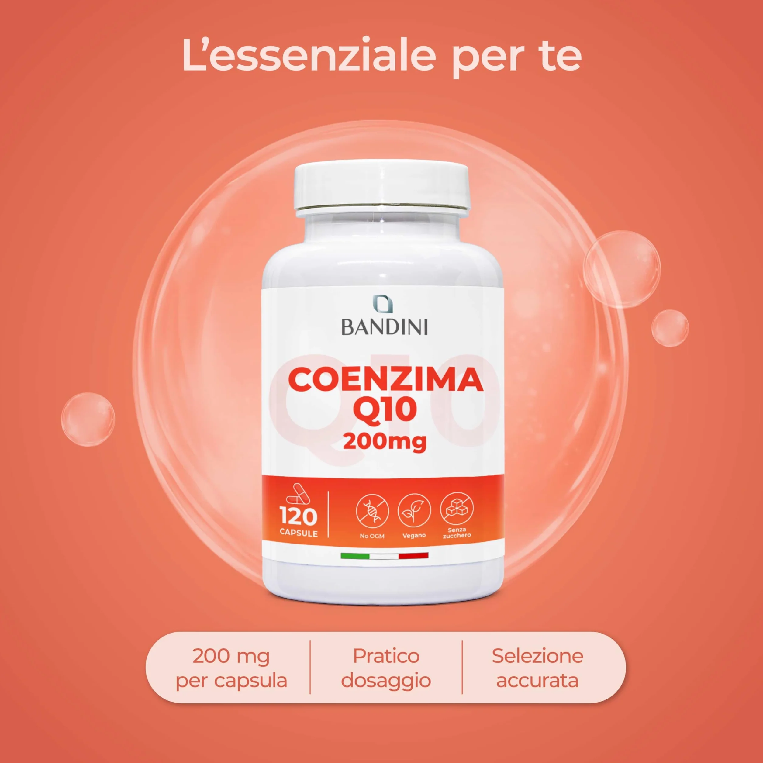 Bandini Coenzima Q10 200mg 120 Capsule Vegane Ubiquinone Puro Coq10 Fermentato Naturalmente Alto Dosaggio