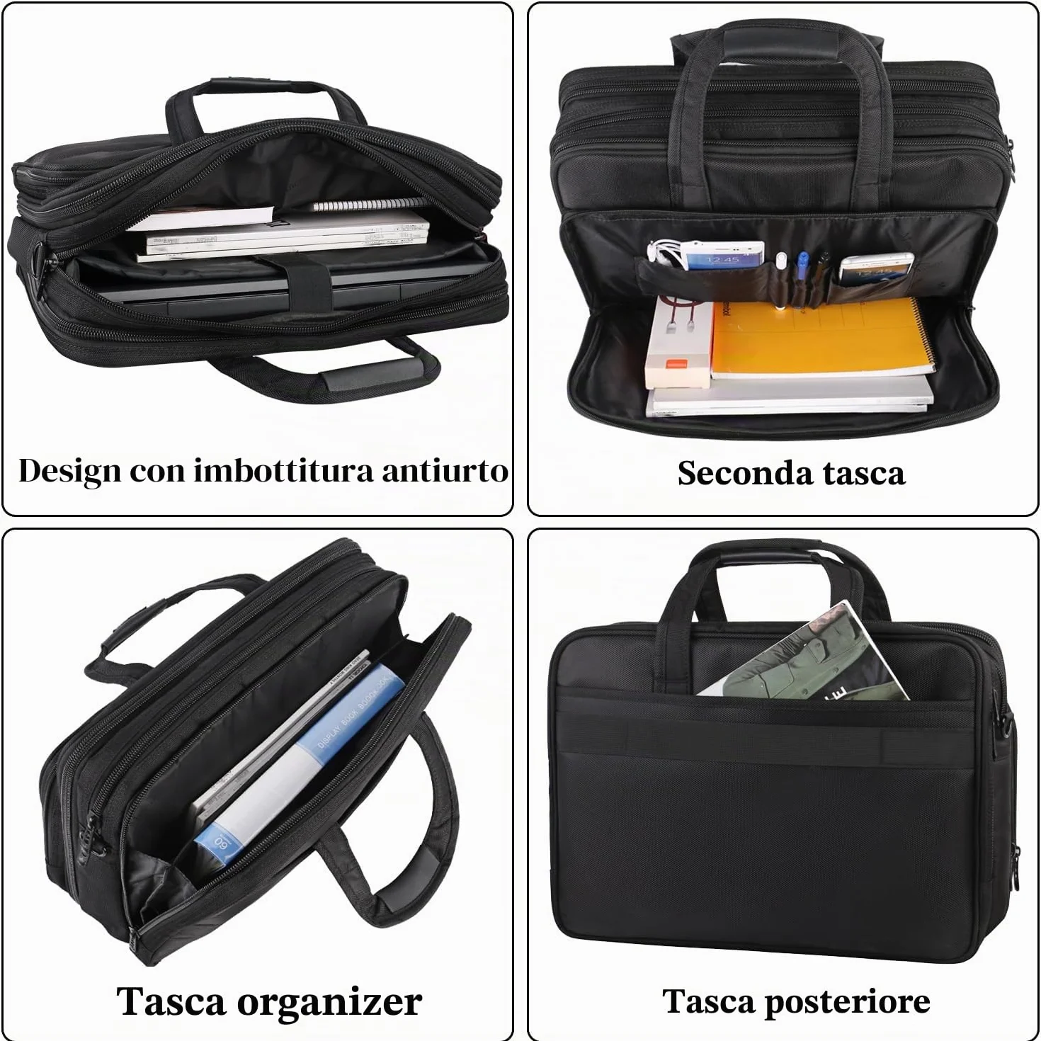 Borsa per laptop 17 pollici, valigetta da lavoro grande per uomo donna borsa a tracolla impermeabile borsa a tracolla, borsa per computer multifunzione espandibile per laptop tablet notebook, nero