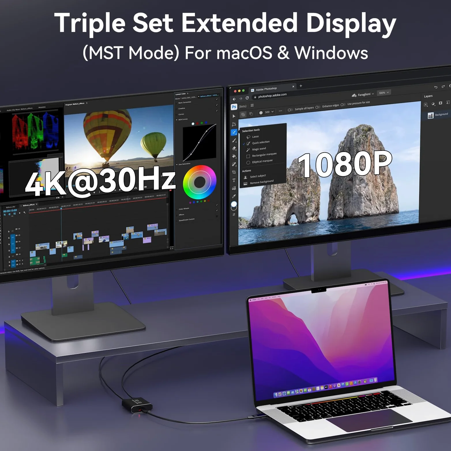 Splitter HDMI Display esteso per doppio monitor USB A & C a 2 hdmi Adapter 1 in 2 Out per laptop Mac Triple Set Supporto MST & SST modalità; 4K @30Hz Out 1, 1080p Out 2