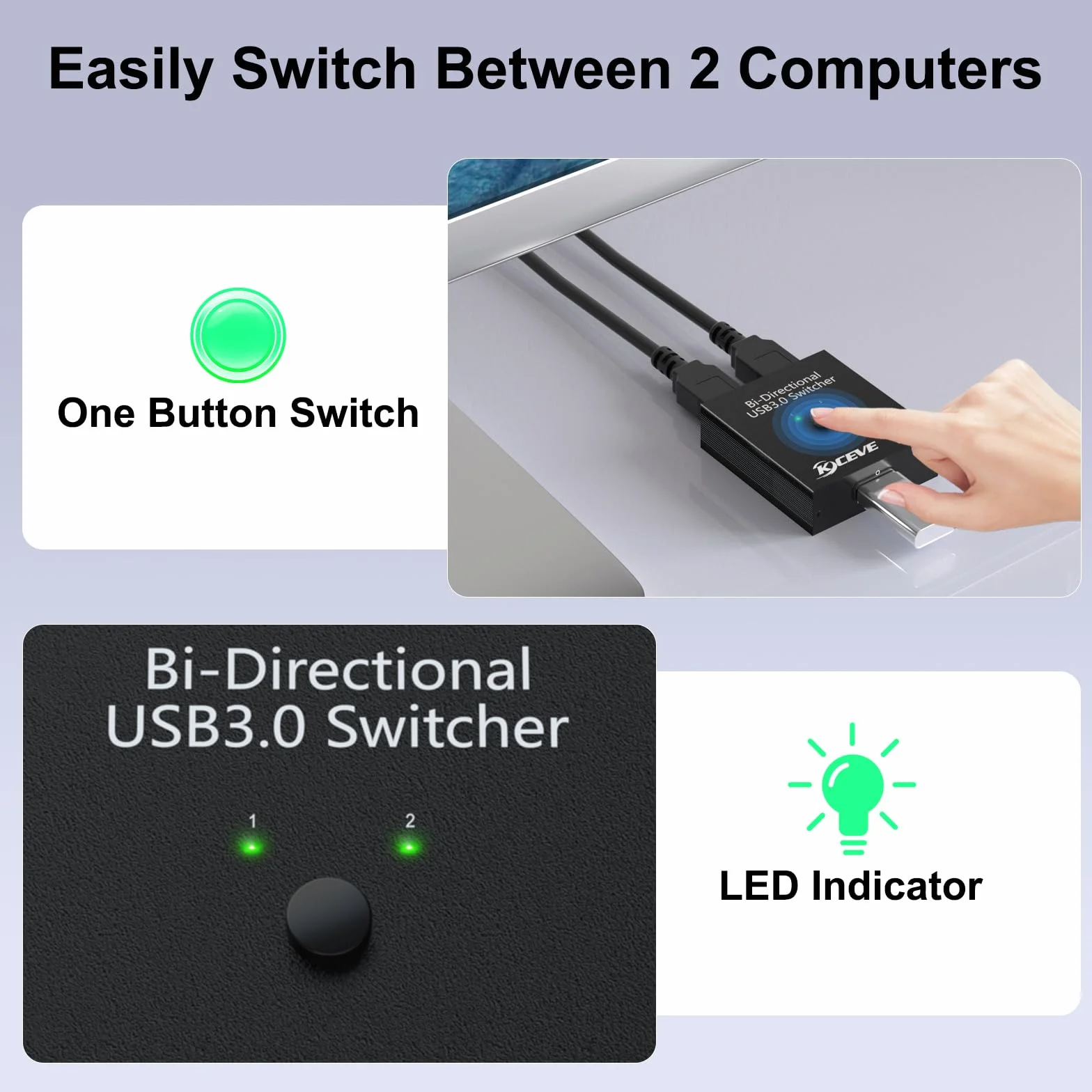 MLEEDA Switch USB 3.0 Bidirezionale 2 In 1 Out / 1 In 2 Out per 2 PC Condividi Tastiera Mouse Scanner Stampante, Escluso Cavo