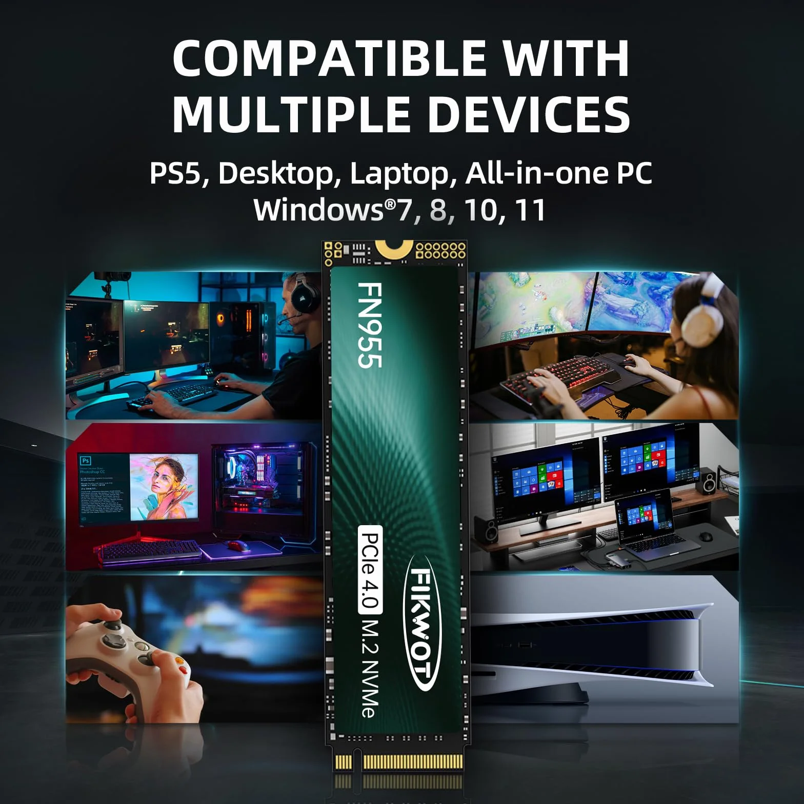 Fikwot FN955 1TB M.2 PCIe Gen4 Unità interna a stato solido da con adesivo di raffreddamento in grafene - Fino a 7350MB/s, Cache SLC dinamica, Compatibile con Laptop e PC Desktop