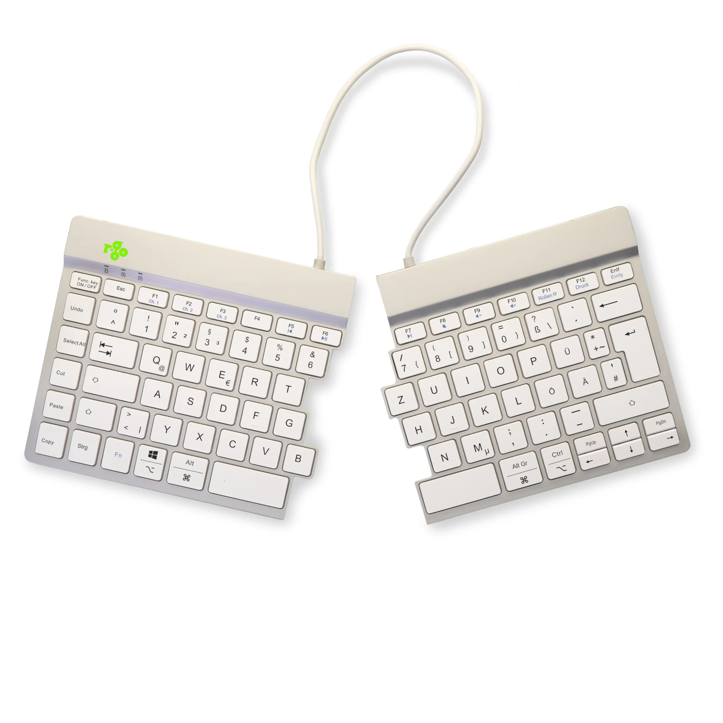 R-Go - Tastiera Split Bluetooth 5.0, con software anti-RSI, design ergonomico con tastiera divisa, controlli multimediali, layout tedesco QWERTZ, compatibile con Windows/MacOS, colore: bianco