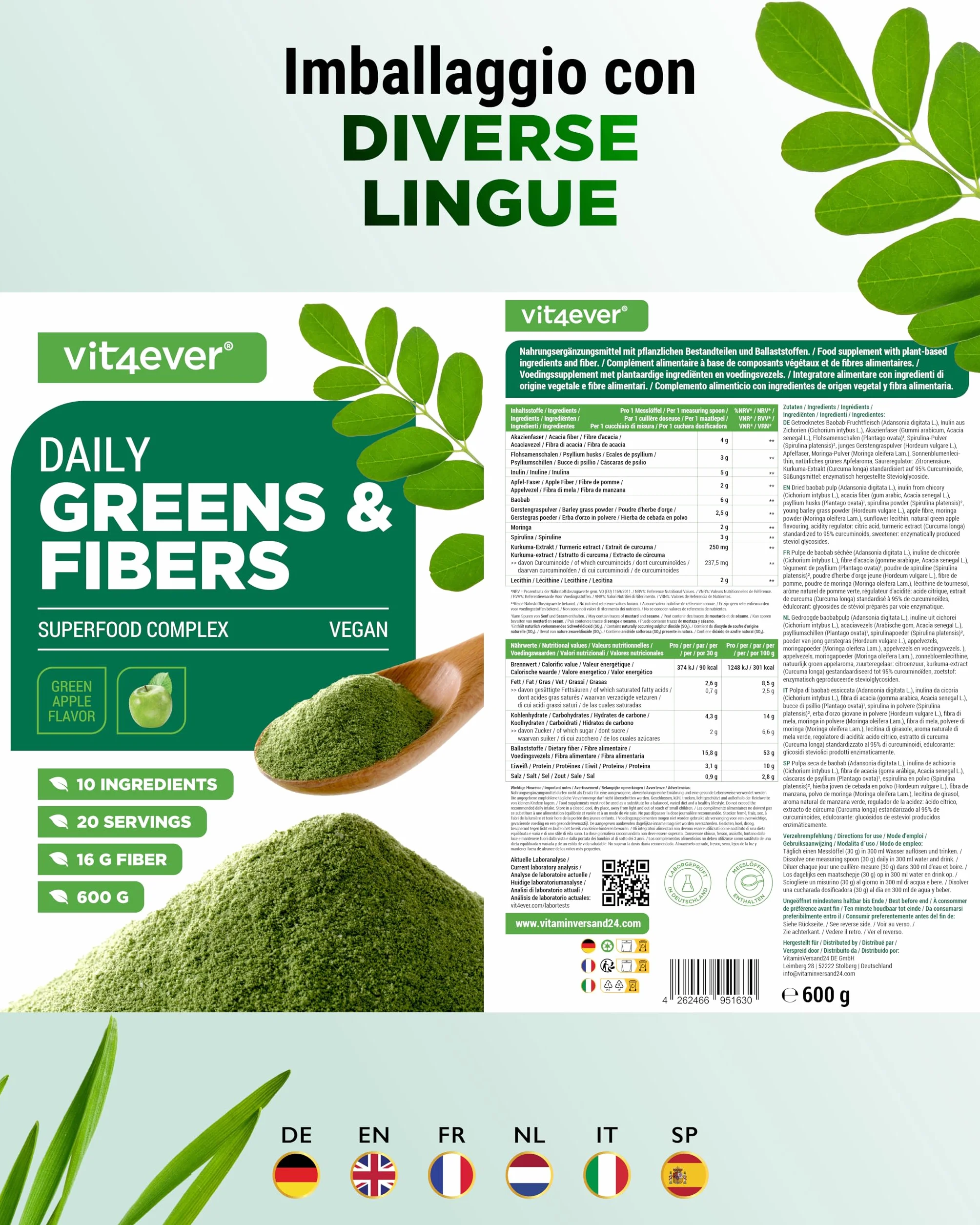 Daily Greens & Fibre Powder psillio spirulina moringa erba d'orzo inulina fibra di mela curcuma fibra di acacia lecitina 600 g Mela verde