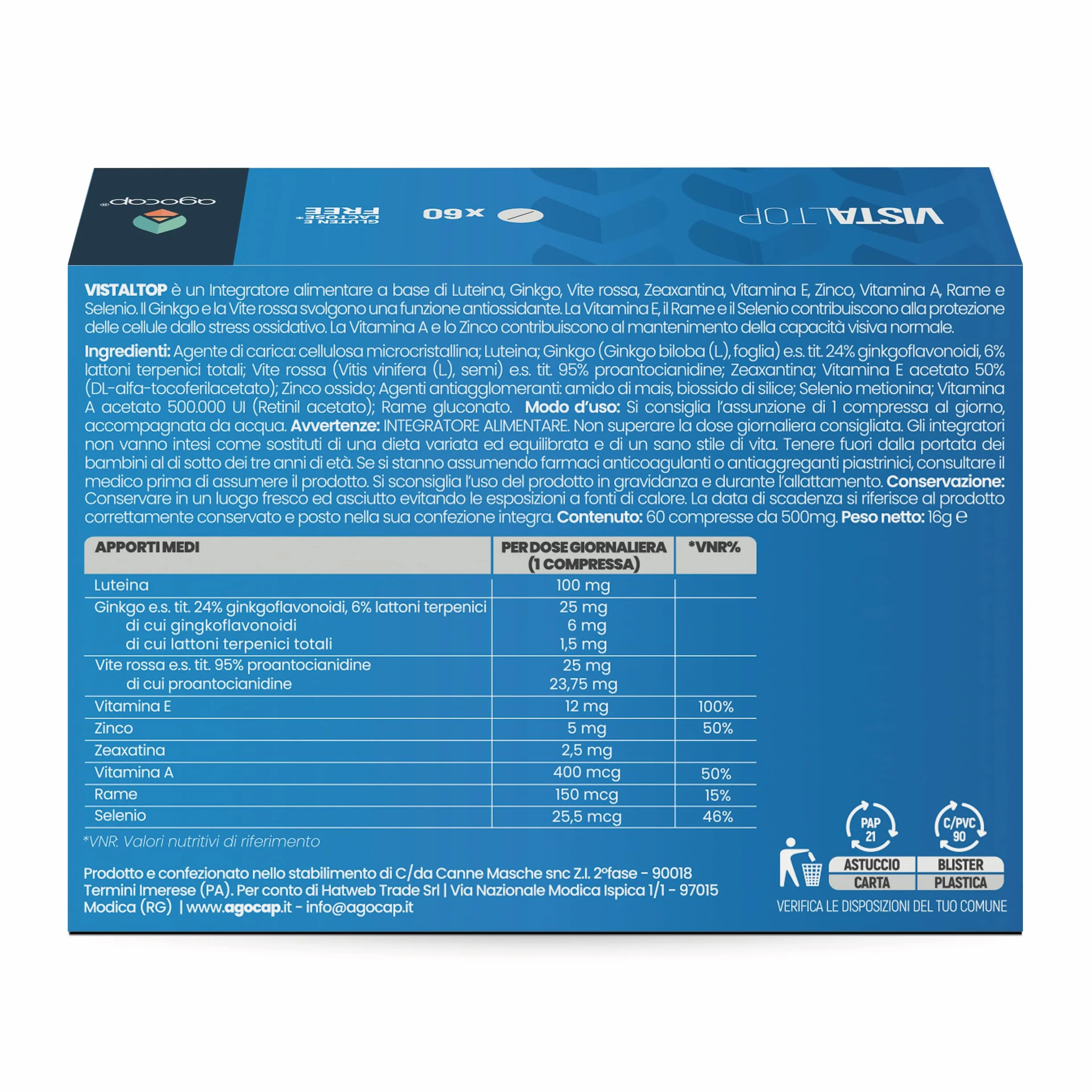 VISTALTOP Luteina Zeaxantina Integratore Occhi Alto Dosaggio 60 cpr