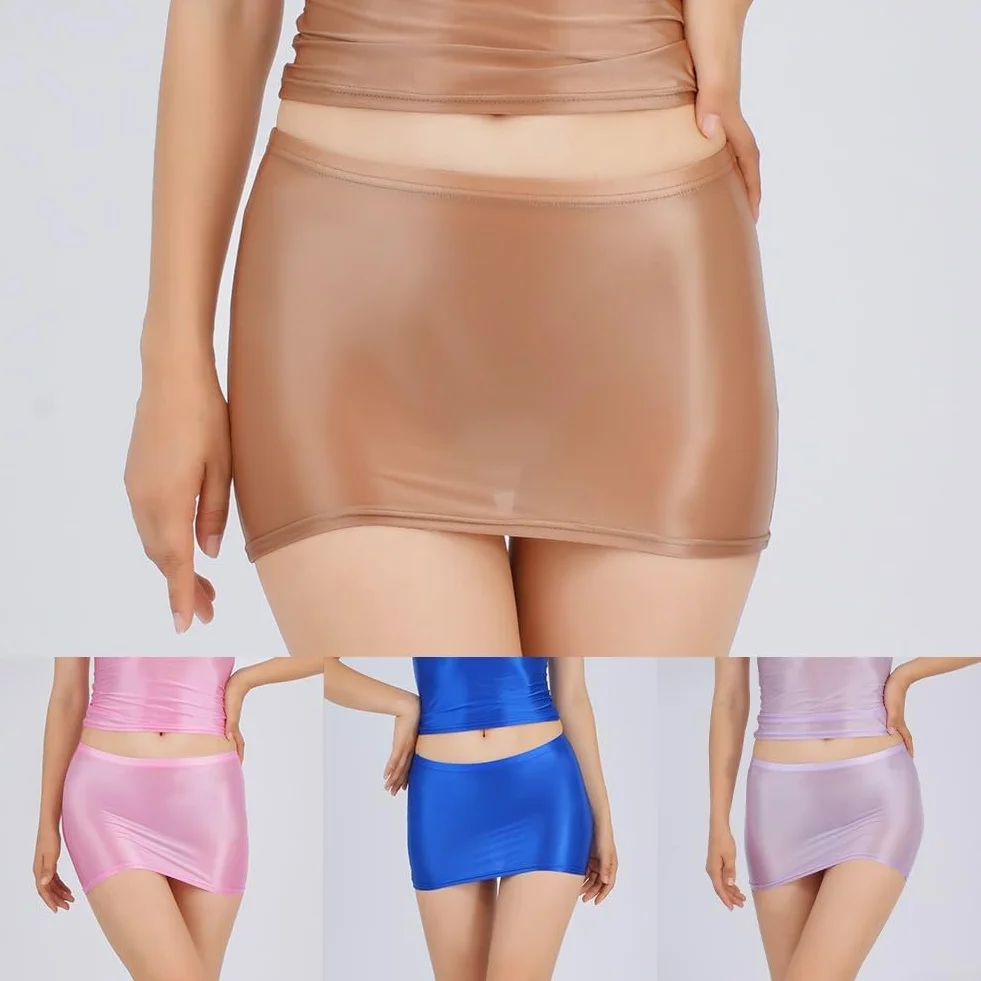 Minigonna sexy da donna in stile lingerie con texture seta oleosa lucida