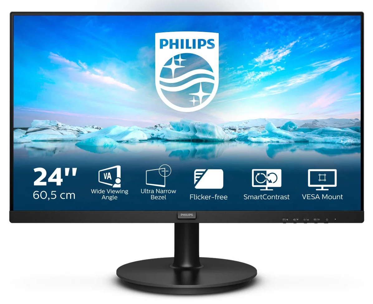 Philips 241V8L Monitor 24" LED VA Full HD, 1920 x 1080, Gaming Adaptive Sync, 75 Hz, HDMI, VGA, Attacco VESA, Nero