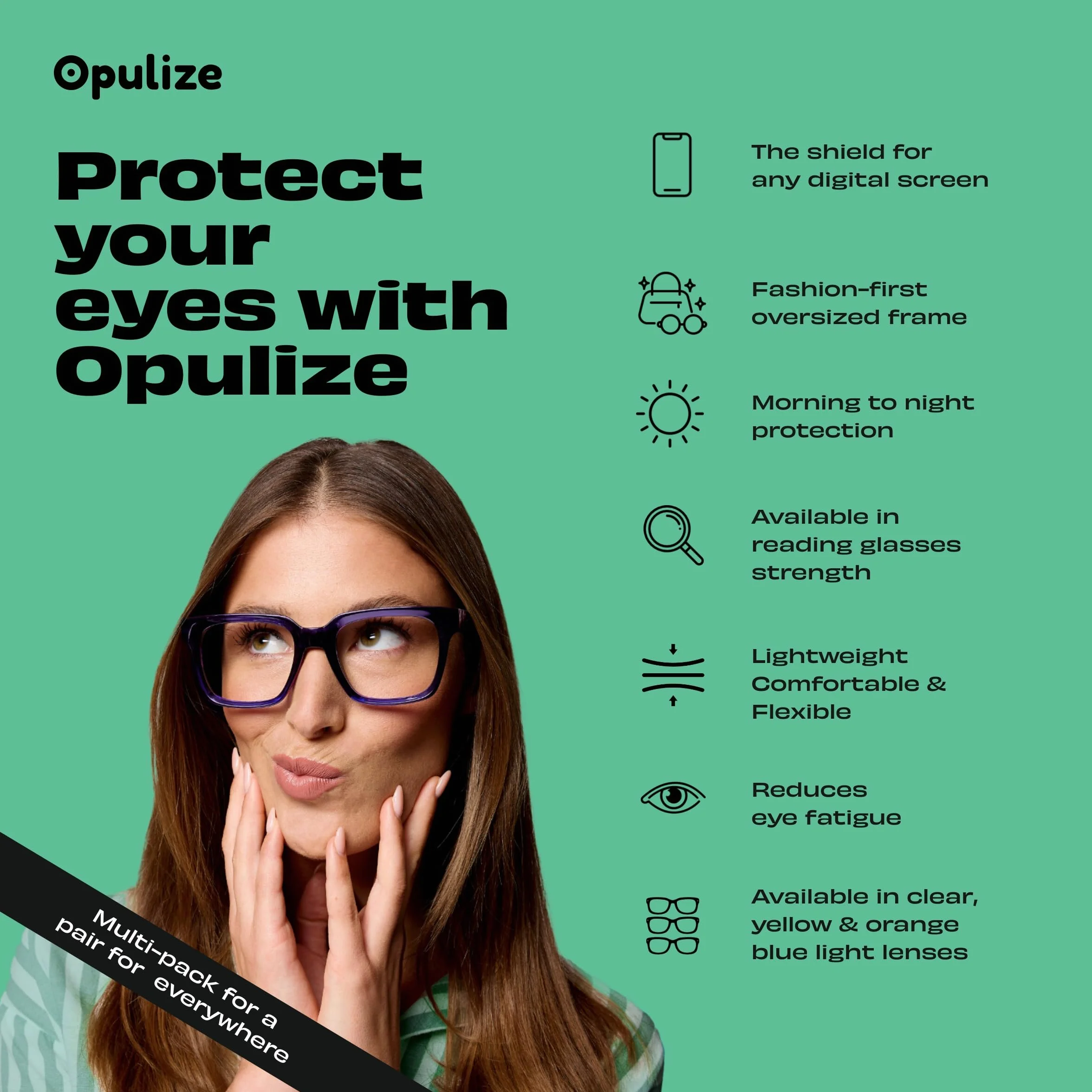 OPULIZE ERA Occhiali luce blu donna uomo Antiriflesso Antibagliore Protezione UV Oversize Rettangolare Nero Lenti Trasparenti