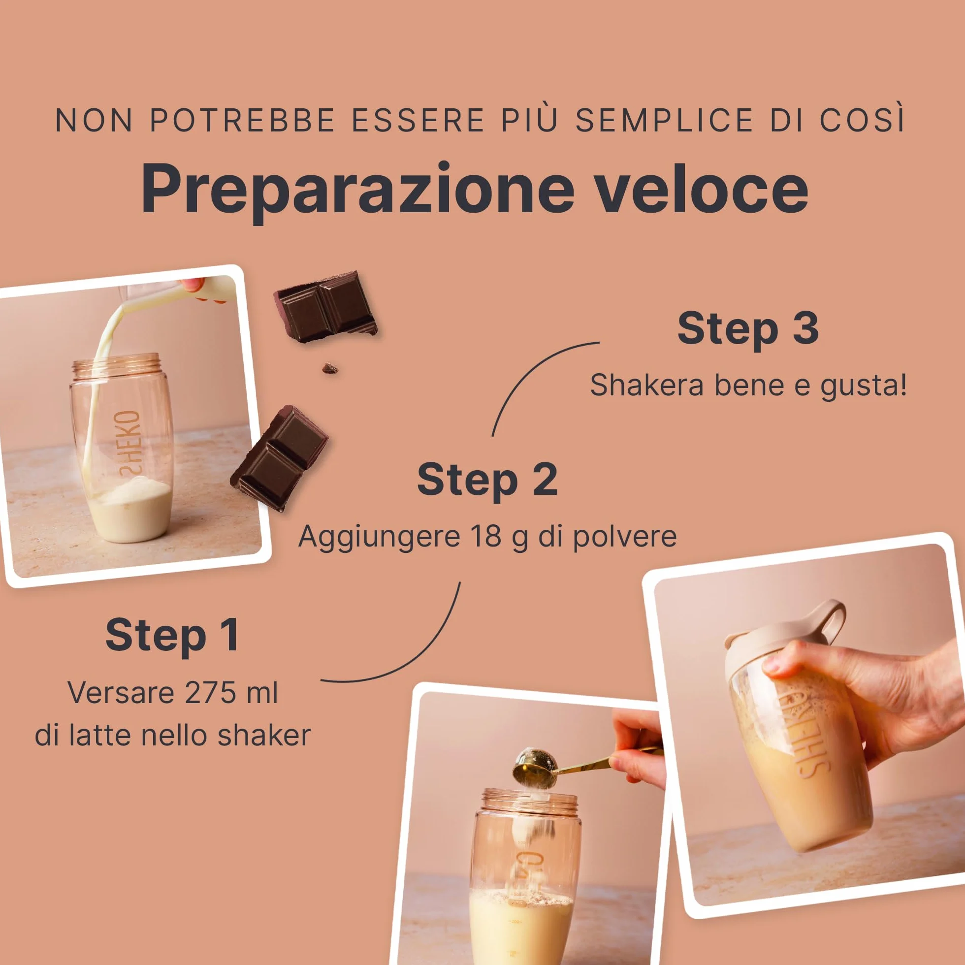 SHEKO Frullato sostitutivo di base 21 porzioni Alto contenuto proteico Gusto naturale Cioccolato 378 g