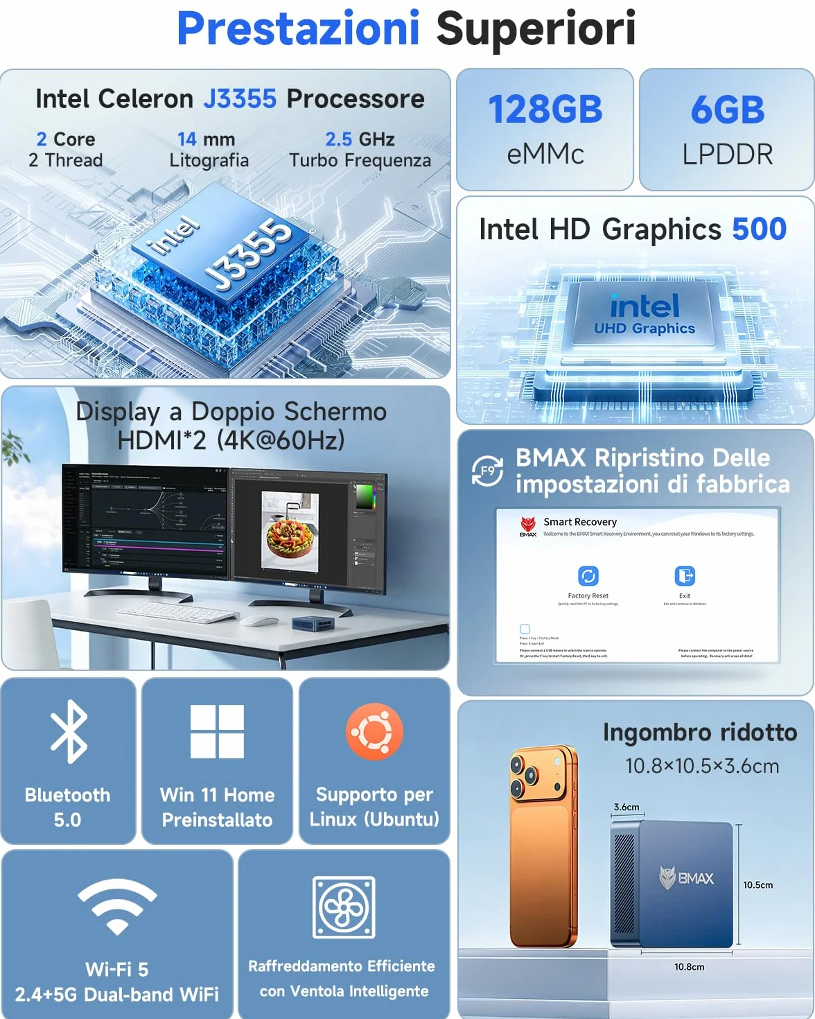 BMAX Mini PC B1 Plus Intel Celeron J3355 6GB RAM 128GB eMMC Espandibile 2TB m.2 SSD Desktop Computer Dual Display 4K@60 Hz HDMIx2 USBx4 WiFi 5 Bluetooth