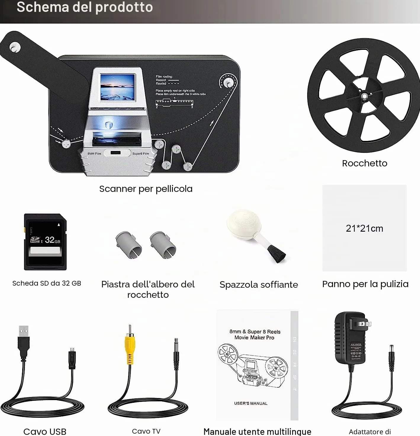 Scanner Pellicole Super 8/Normal 8mm,Convert Film into Digital Video(3", 5",7"e 9"Rotolo di Pellicola) Scanner e Digitalizzatore di Film con LCD da 2,4",1080P e Scheda SD da 32 GB