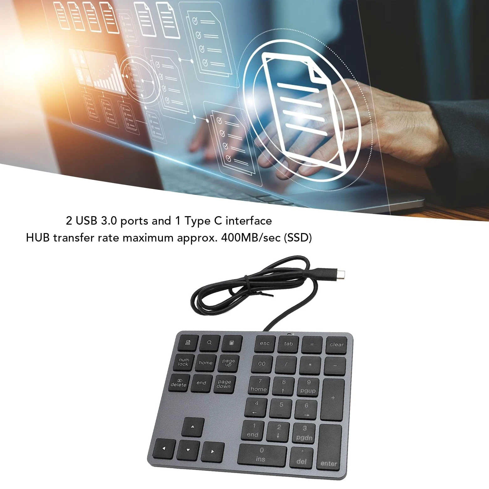 Tastierino Numerico Cablato Tastiera Esterna Sottile per Laptop e PC Desktop 34 Tasti Hub di Input Dati Efficiente USB C
