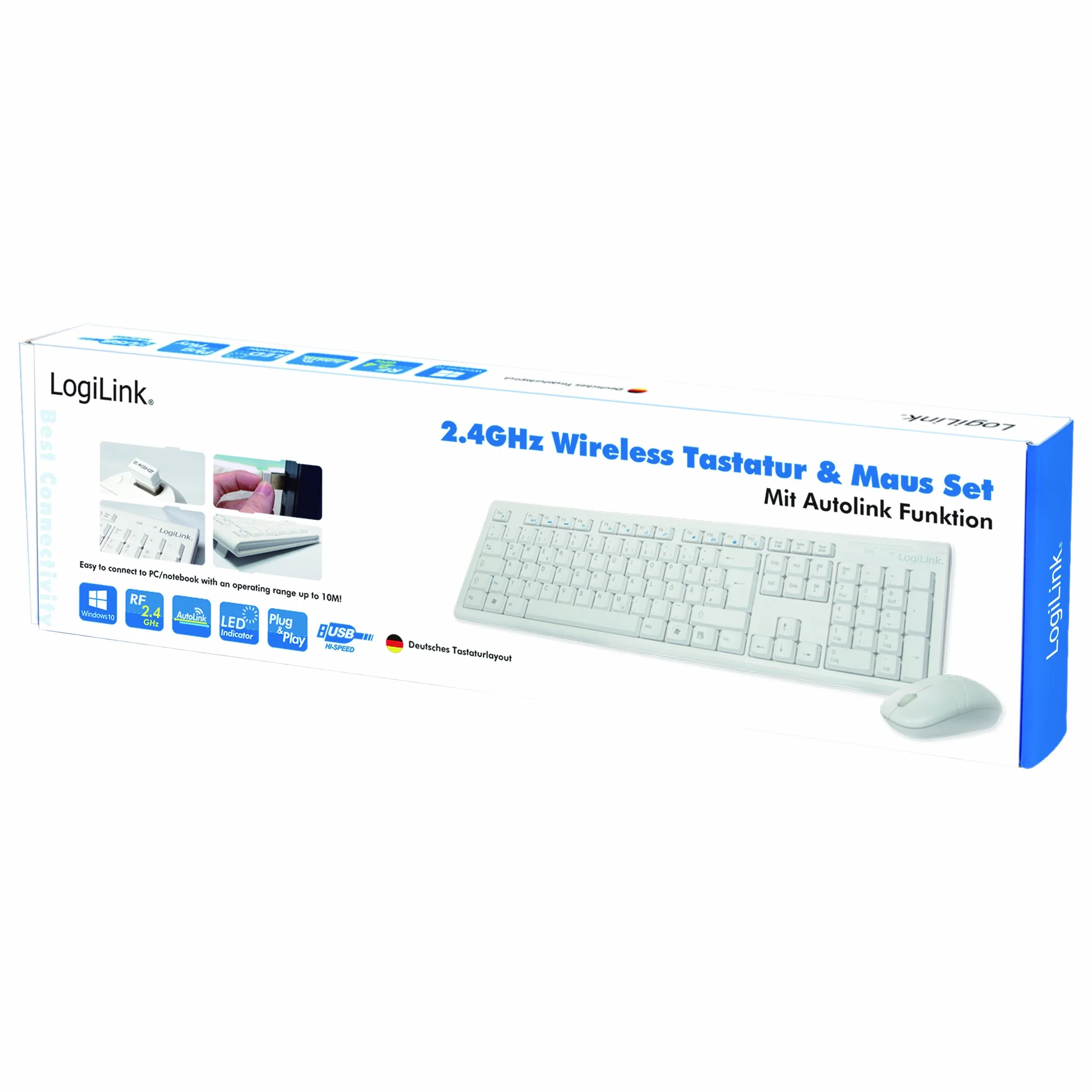 LogiLink ID0104W - Set tastiera/mouse wireless, 2,4 GHz, tastiera 103 tasti (+13 tasti di scelta rapida) - mouse (sensore ottico) con 3 pulsanti, connessione auto, bianco