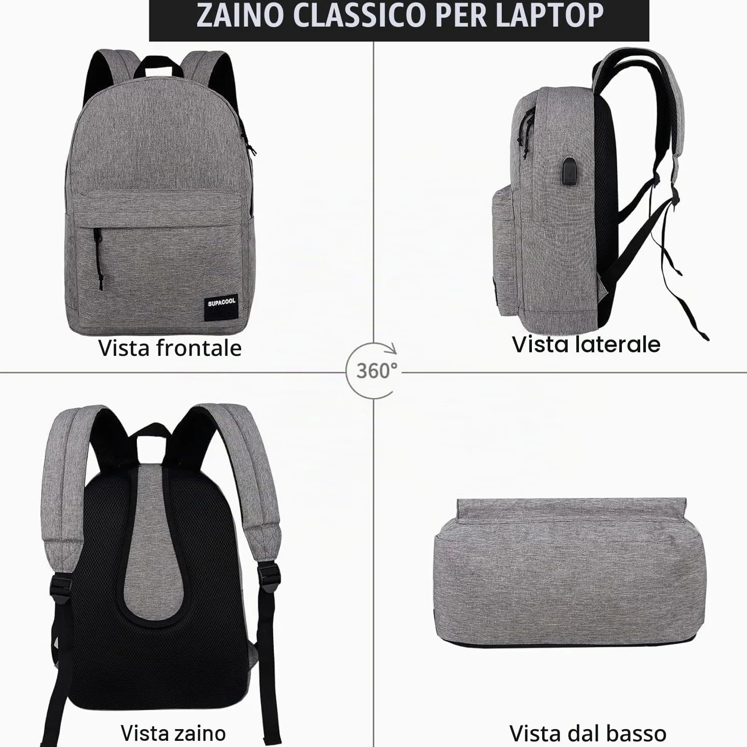 SUPACOOL Zaino leggero e casual con porta di ricarica USB per uomini e donne, borsa per libri di scuola per college, Big Size, laptop(Light Grey)