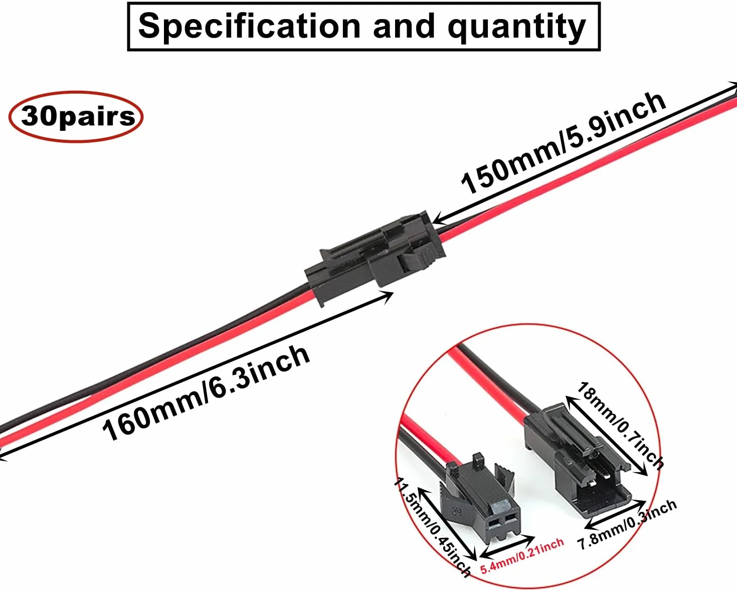 30 Paia JST SM 2 Pin Plug Maschio a Femmina Cavo Adattatore,22 AWG JST 2-Pin Adattatore Micro Elettrico Spina,Connettore Maschio e Femmina,con 150 mm Cavo,Elettrico Filo per Luce LED