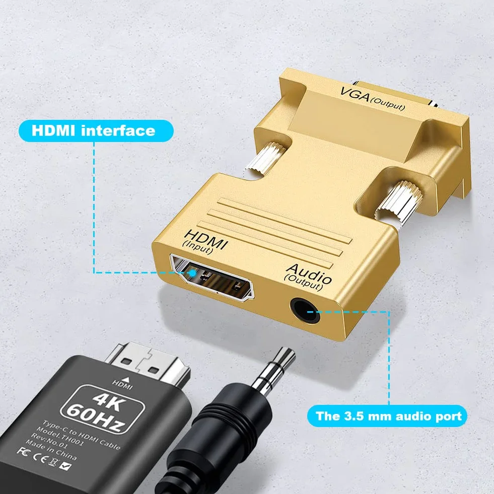 Adattatore HDMI a VGA, 1080P HDMI Femmina a VGA Maschio Cavo Audio Video Convertitore con Cavo Audio da 3,5 mm per Computer, Desktop, Monitor, HDTV Ecc (Oro)