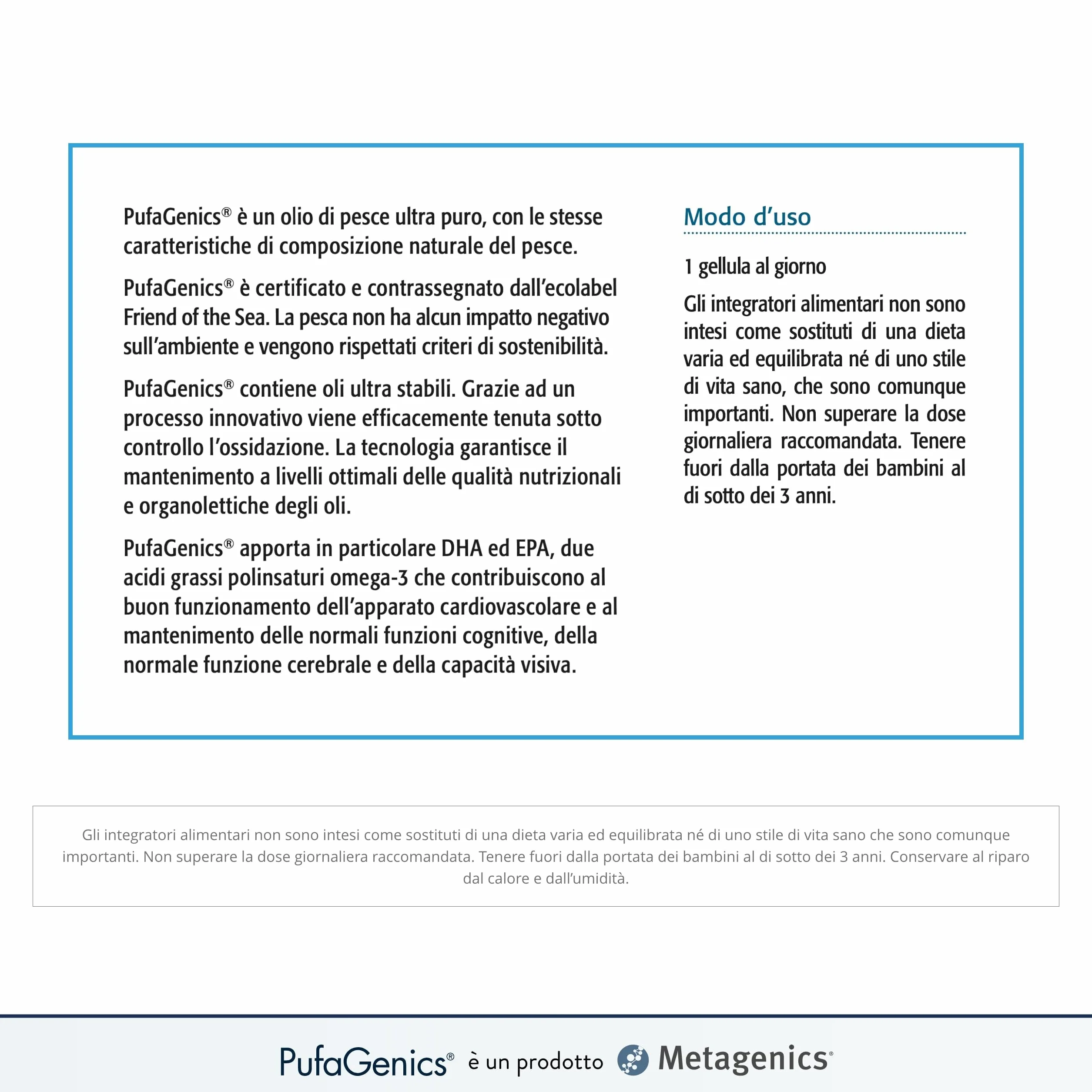 Metagenics PufaGenics Omega 3 Integratore Alimentare Olio di Pesce 90 Gellule