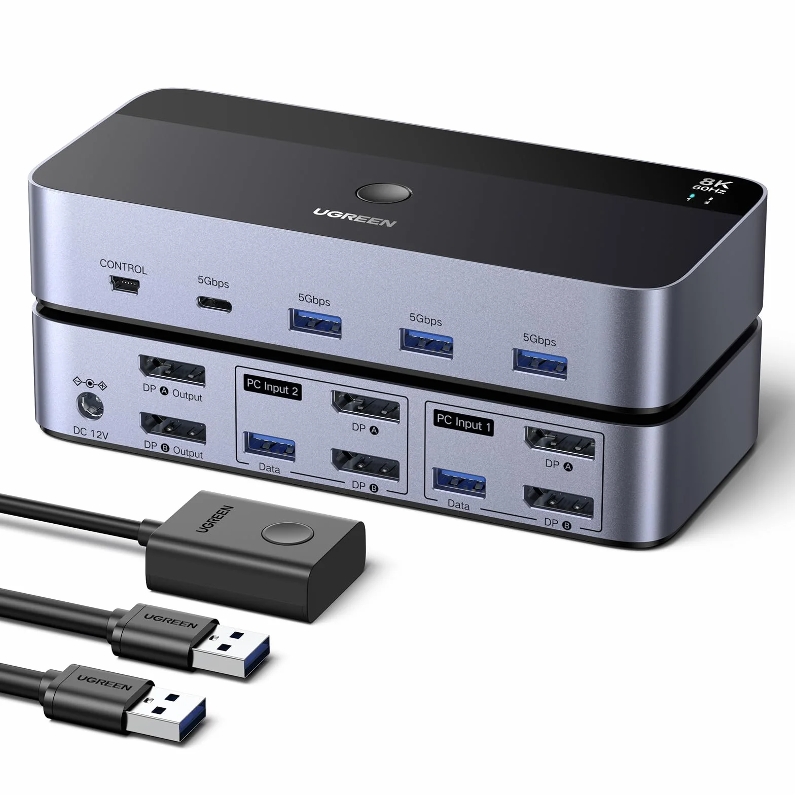 UGREEN Switch KVM DisplayPort 2 Ingressi 2 Uscite 8K 60Hz 4K 240Hz Doppio Schermo Commutatore KVM con 4 Porte USB 3A1C 5Gbps per Tastiera, Mouse, Disco Rigido, Controller da Ufficio, Cavi USB Inclusi