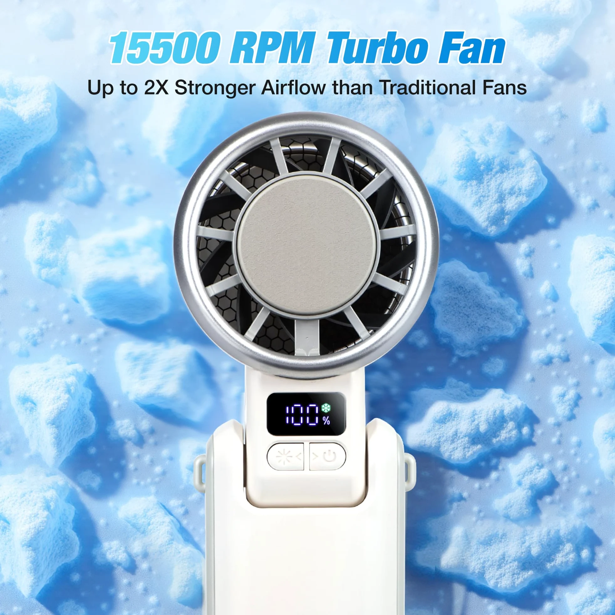 Ventola portatile Turbo portatile con raffreddamento ICE - batteria da 4000 mAh, vento a 5 velocità, motore brushless, ricarica rapida USB-C, pieghevole, indossabile e da tavolo, mini ventilatore per