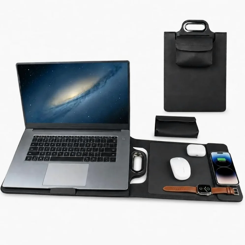 Borsa Portafoglio Pc Con Ricarica Wireless 15W Custodia Per Computer | Custodia Supporto E Tappetino Mouse Per Notebook 15,6 16 Pollici, Stazione Per Smart Working, Per Uffici Studi Viaggi