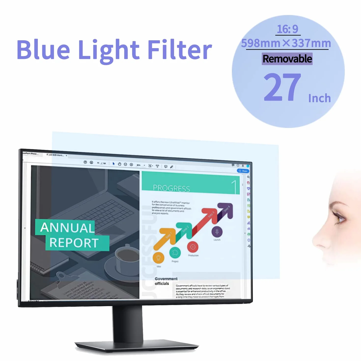 27 Pollici Filtro Anti Luce Blu, Protezione per Gli Occhi, Anti Luce Blu Filtro a Schermo, Blocca Luce Blu & UV, Pellicola Protettiva per Monitor Diagonale 27"16:9 (W X H:598X337mm)--Rimovibile