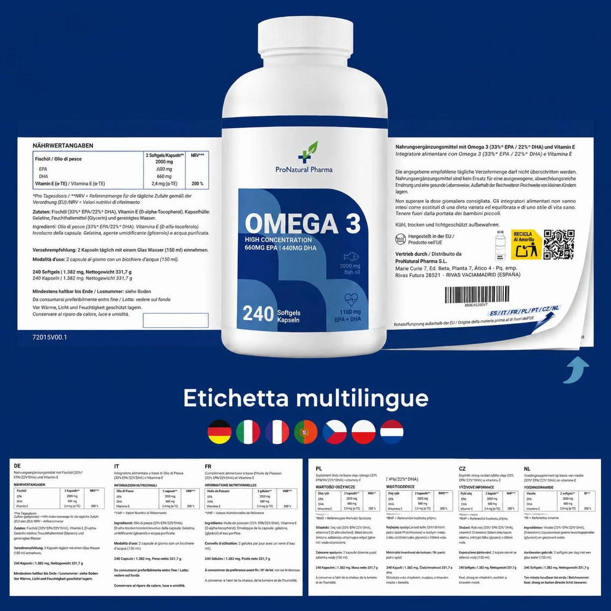 Omega 3 2000 mg 240 capsule Alta concentrazione EPA 660 mg DHA 440 mg Olio di pesce cuore cervello pressione sanguigna 4 mesi ProNatural