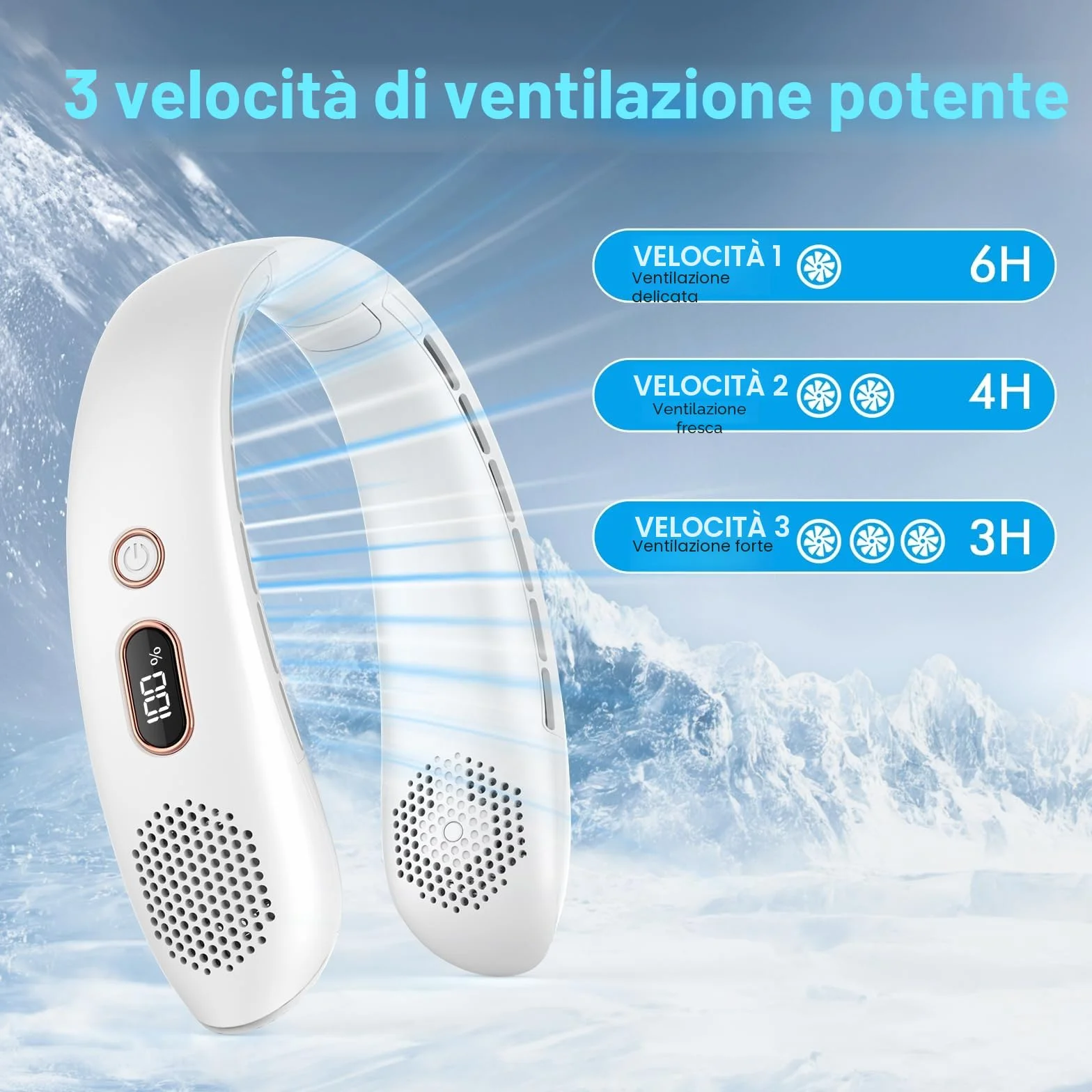 Ventilatore da collo, Silenzioso Ventilatore Portable, Mini Ventilatore USB Senza Lama con Luci a LCD Display, 3 Velocità Ricaricabile Potente per Ufficio Cucina Viaggi Sport (Bianco)