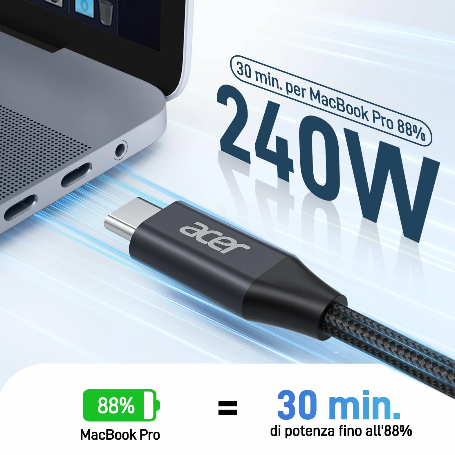 Acer Cavo USB C 240W 3m, Cavo USB C a USB C Carica rapida, Caricatore Tipo C Nylon Braided Compatibile con iPhone 17 16 Samsung S23 Ultra iPad Air MacBook Pro Google Pixel 7 ecc.