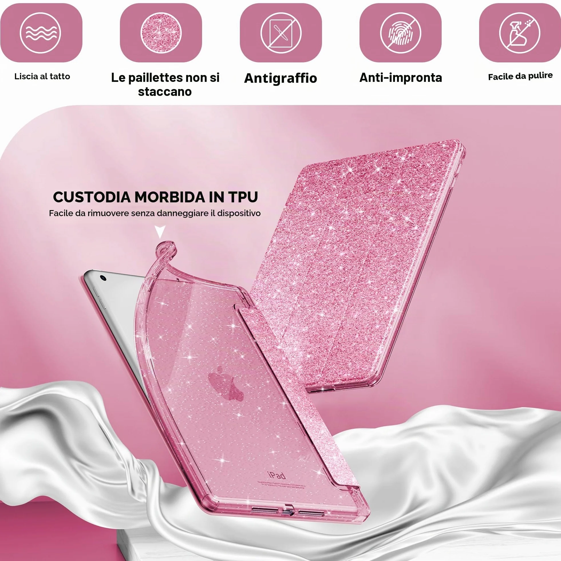 Custodia iPad 10,2" Glitterata Retro Trasparente Portapenne Bambine Rosa