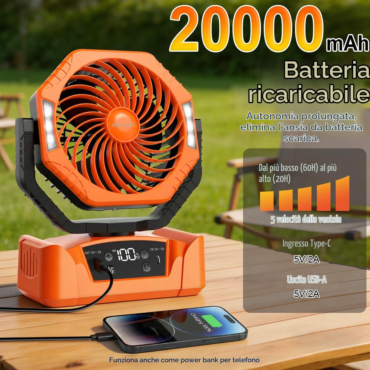 ELZO 20000mAh Ventilatore da campeggio con luce LED, Ricaricabile per Scrivania Tenda, USB Telecomando E gancio, 5 Velocità con Modalità sonno per Casa Ufficio Viaggi Pesca (Arancione)