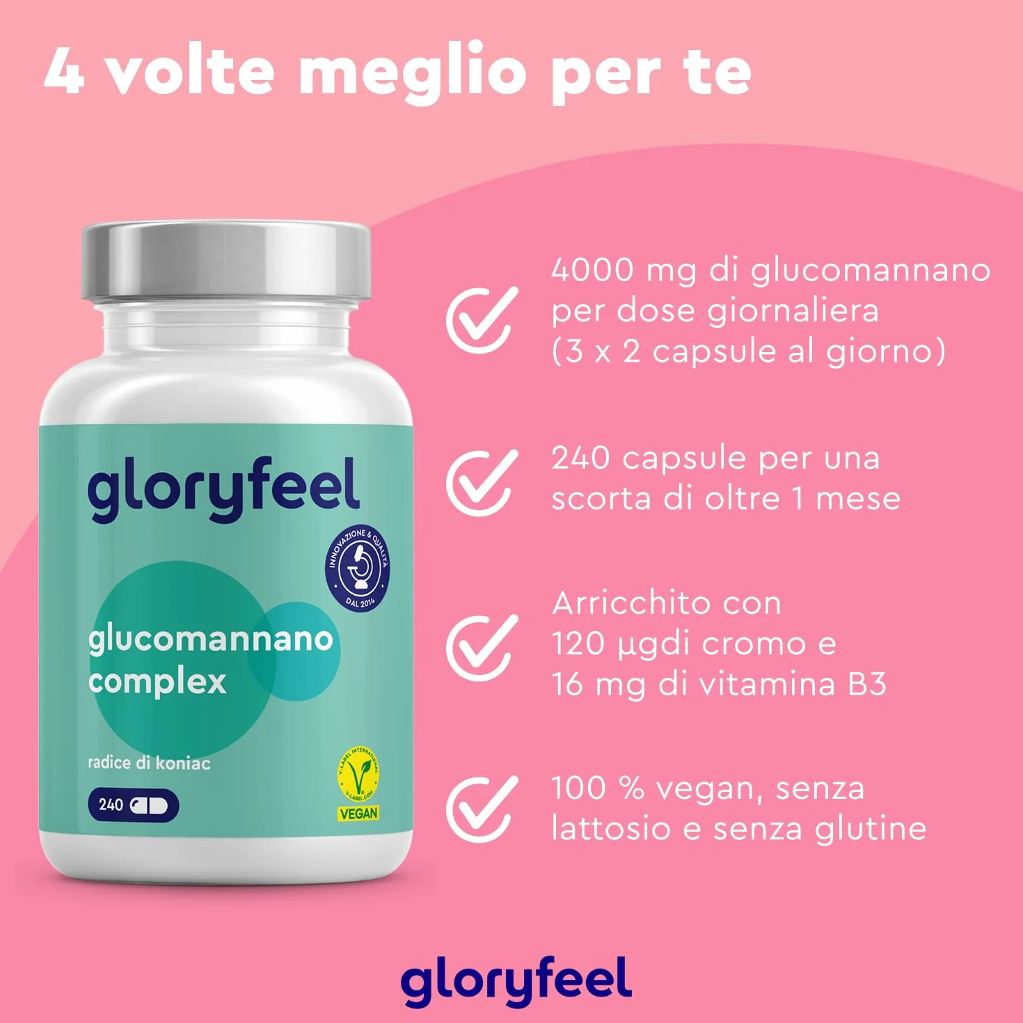 Glucomannano Forte 240 Capsule 4.000 mg per Dose Giornaliera Integratore da Radice di Konjac con Cromo e Vitamina B3