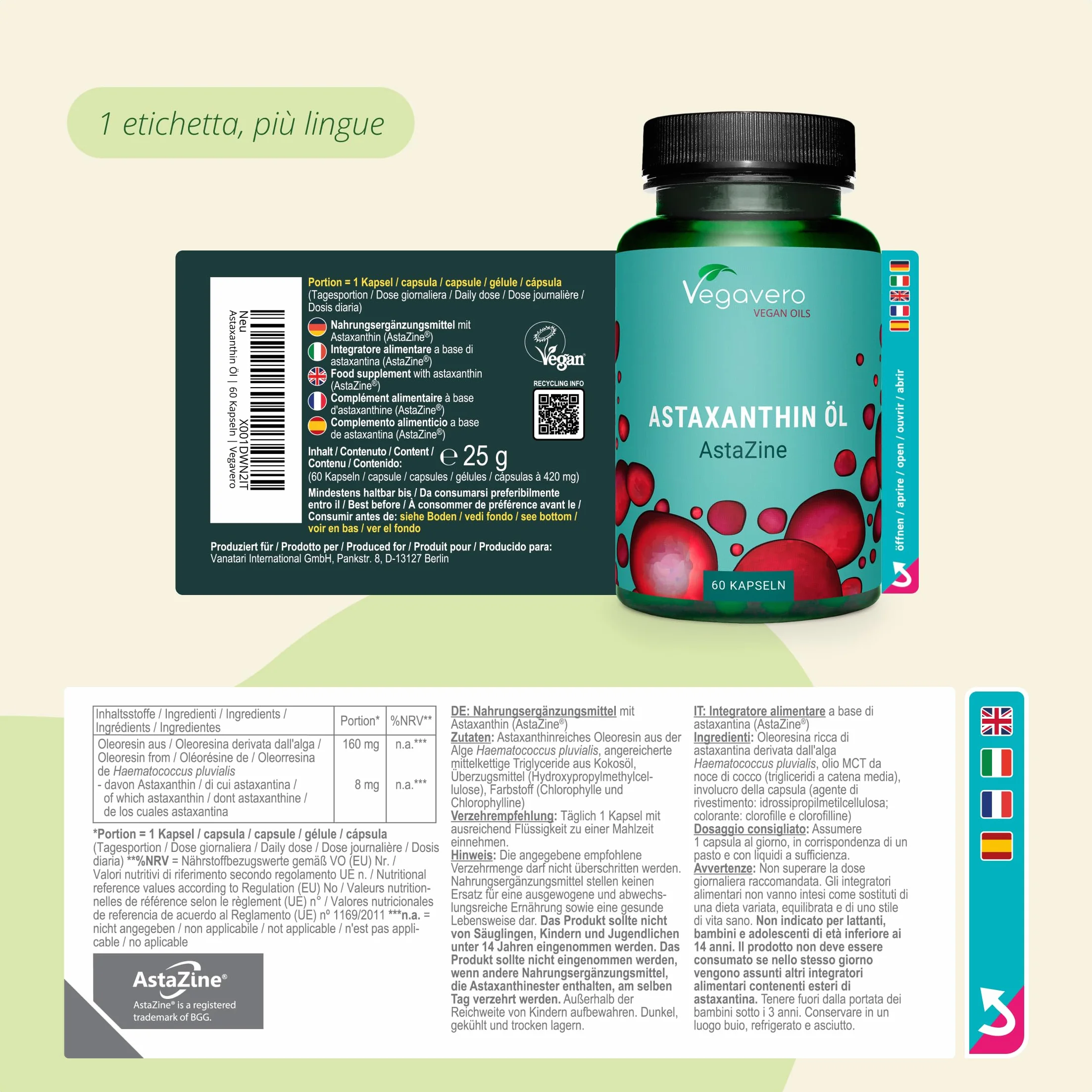 Vegavero® Astaxantina Naturale 160 mg Haematococcus Pluvialis 5% Astaxanthin Pura AstaZine® Integratore Antiossidante