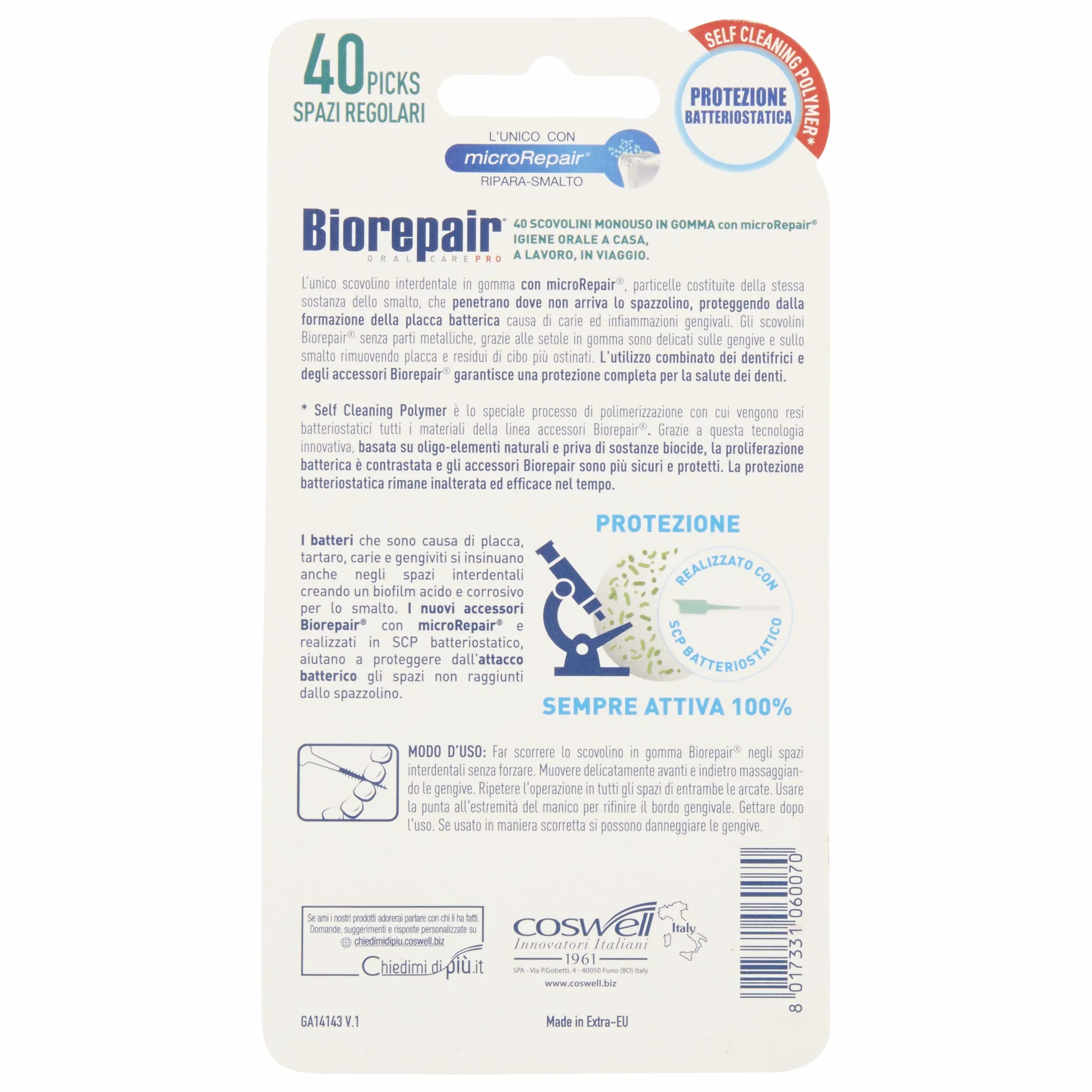 Biorepair 40 Scovolini Monouso Gomma 6x40 Dentali MicroRepair Placca Batterica Menta Fresca
