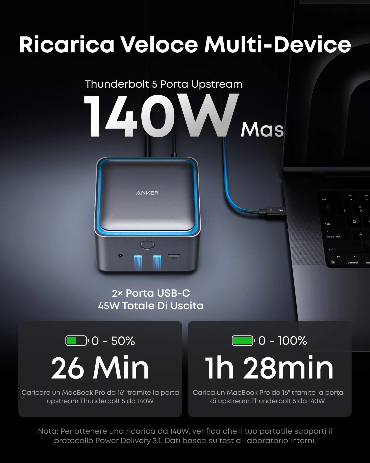 Anker Prime TB5 Docking Station 140W, Dock USB C Thunderbolt 5 a 14 Porte con Ricarica Max, Trasffino a 120 Gbps, LED Amb, Sistema di Raffredd, Display Fino a 8K per Laptop Thunderbolt 5/4