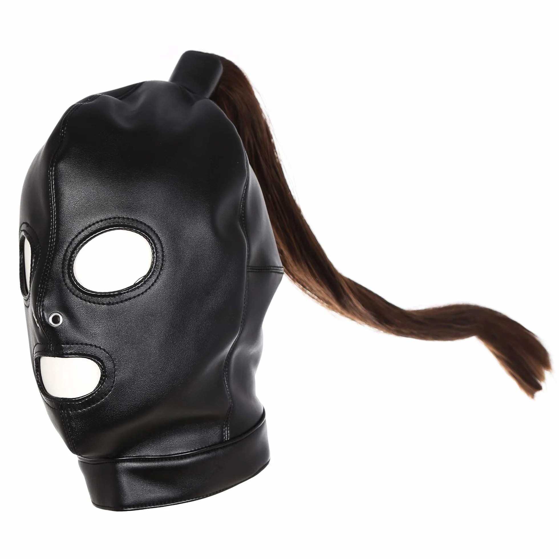 SXOVO Maschera da testa in pelle per preliminari cappuccio bondage con parrucca rimovibile BDSM