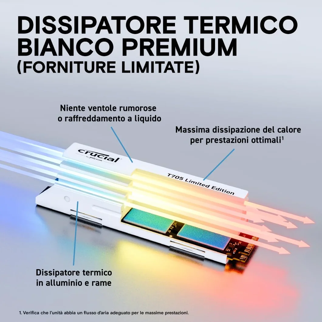 Crucial T705 SSD 2TB PCIe 5.0 x4 Gen5 NVMe M.2 con Dissipatore Bianco, Velocità fino a 14500 MB/s Lettura, 12700 MB/s in Scrittura, Per PC desktop, TLC NAND, Hard Disk Interno - CT2000T705SSD5A