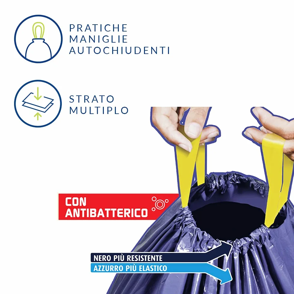 Domopak Spazzy Sacchi Nettezza Prendisac Autochiudenti 30Lt Blu Nero 15 Pezzi