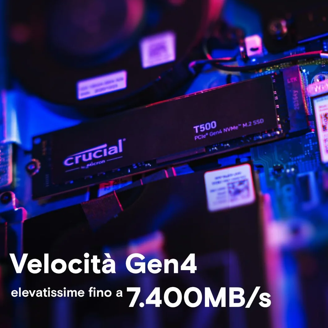 Crucial T500 SSD 1TB PCIe Gen4 NVMe M.2, Fino a 7300 MB/s, TLC NAND, Compatibile con Notebook e PC Desktop, Microsoft DirectStorage - CT1000T500SSD8