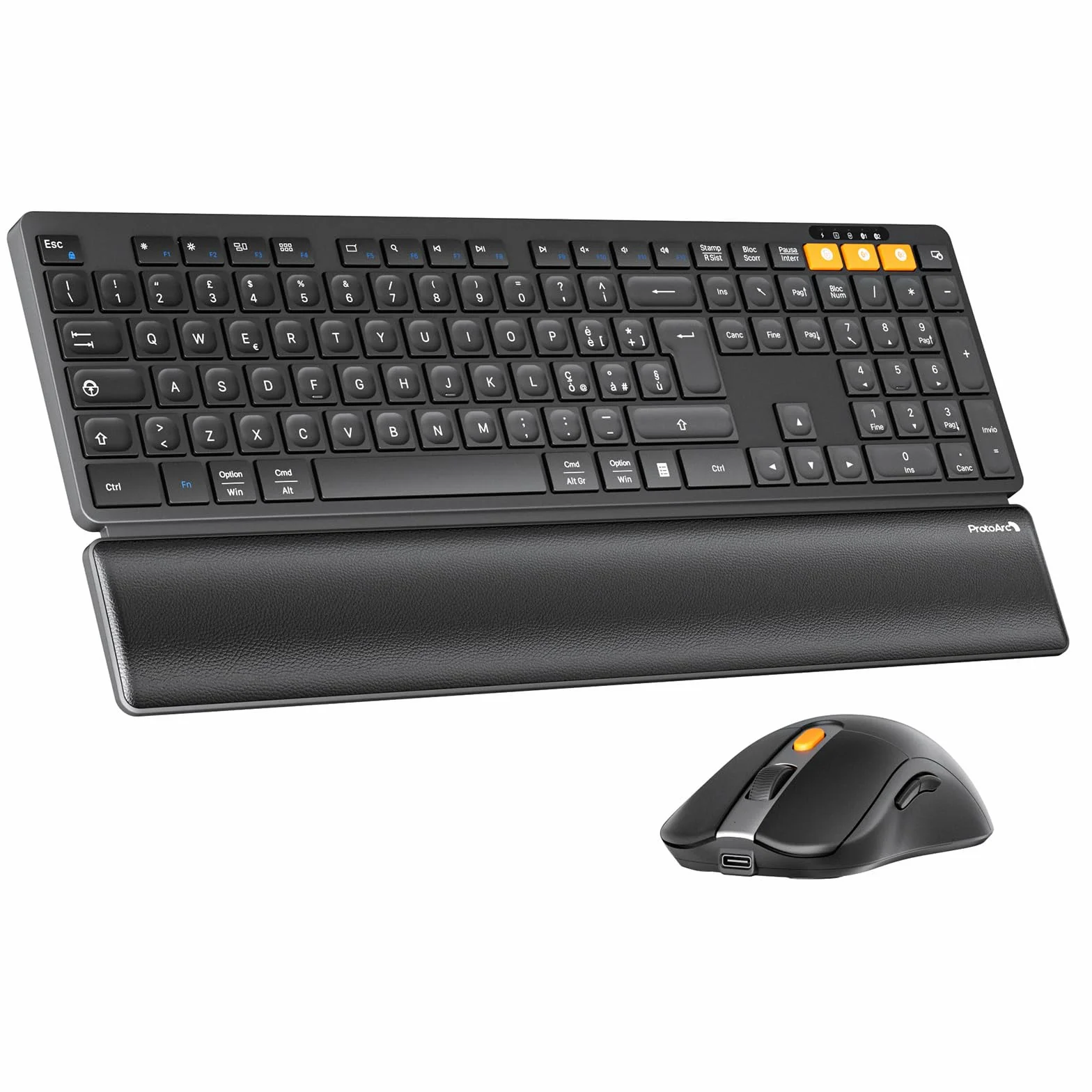 ProtoArc Tastiera e Mouse Wireless Bluetooth, KM60 Full-size Tastiera PC con Poggiapolsi, Ricaricabile, 2,4 GHz + 2*Bluetooth, per Laptop, Mac, Windows, Italiano QWERTY - ‎Nero