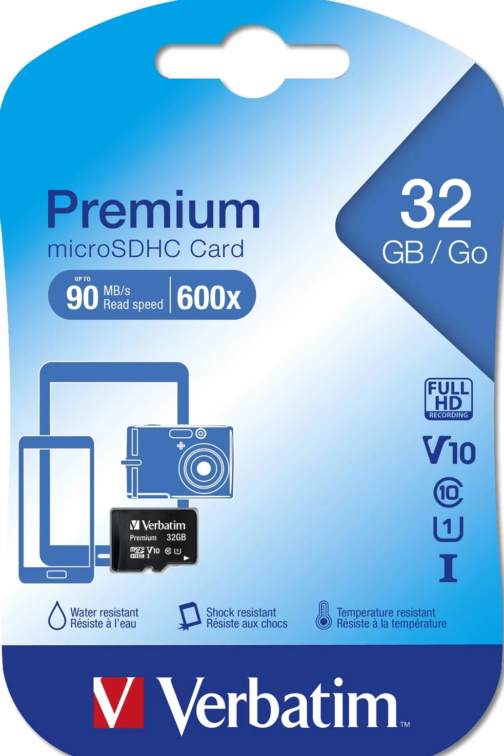 Verbatim Scheda di memoria microSDHC Premium I 32 GB I Scheda SD per video full HD I Scheda di memoria nera resistente all’acqua e agli urti I Scheda SD per fotocamera smartphone tablet