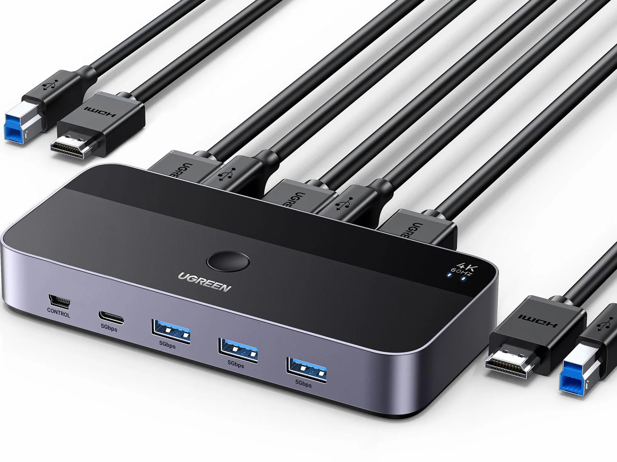 UGREEN Switch KVM HDMI 4K 60Hz 2 Ingressi 1 Uscita con 3 Porte USB A 3.0 e 1 Porta Tipo C 3.0 5Gbps per Tastiera Mouse HDD Hard Disk Switcher con Controller Desktop e 2 Cavi 1M