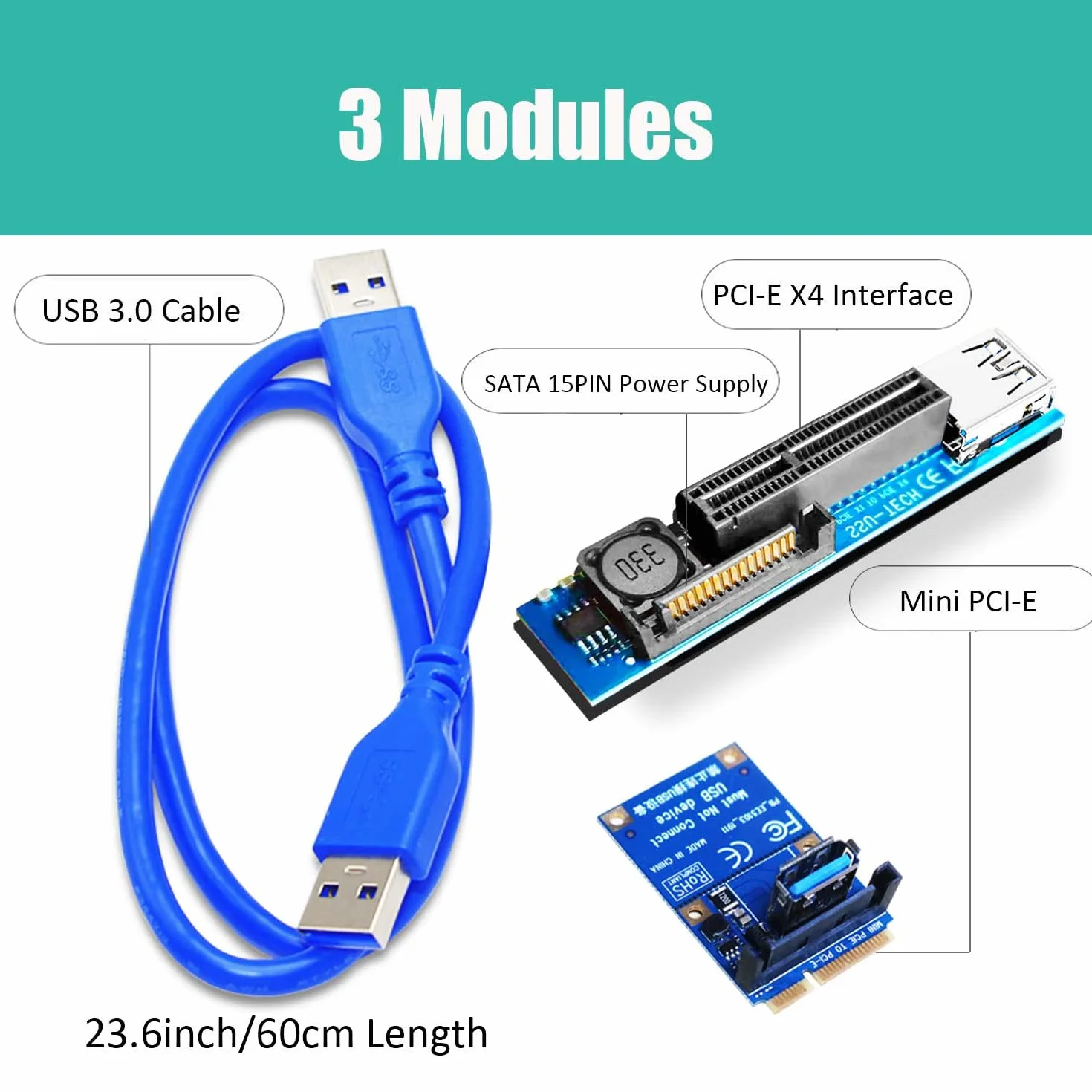 GLOTRENDS UEX105 600 mm da Cavo Riser da Mini PCie a X4 (velocità PCie 3.0 X1), per scheda WiFi, M.2, USB e audio