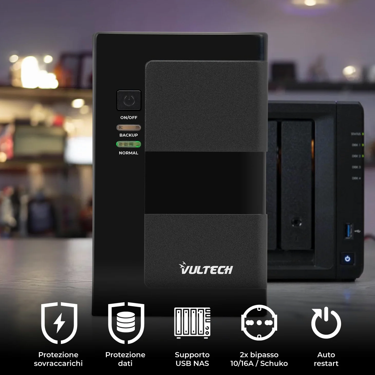 VulTech UPS650VA-LFP-NAS Gruppo di continuità UPS NAS desktop e Hard disk di rete, 650VA 350Watt al litio, Line Interactive, LED stato, 2 Prese 10-16A Schuko, Overload, AVR, Cortocircuito