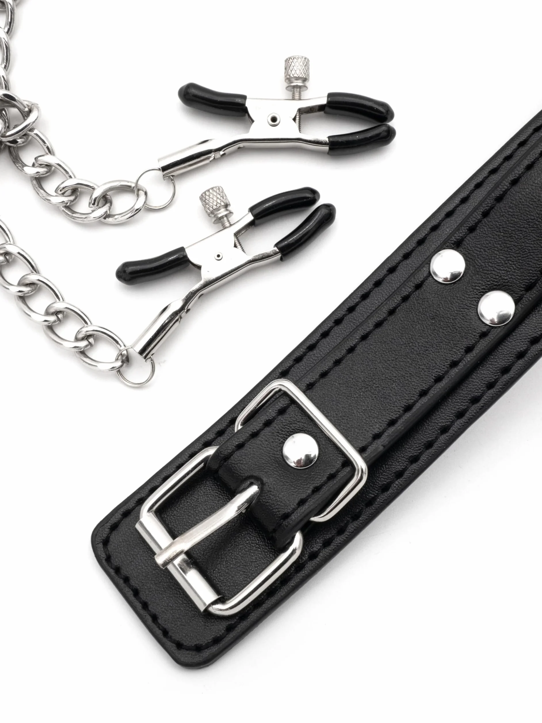 BONDAGERIE® Collare in Ecopelle con Pinze e Catenina Regolabile Nero