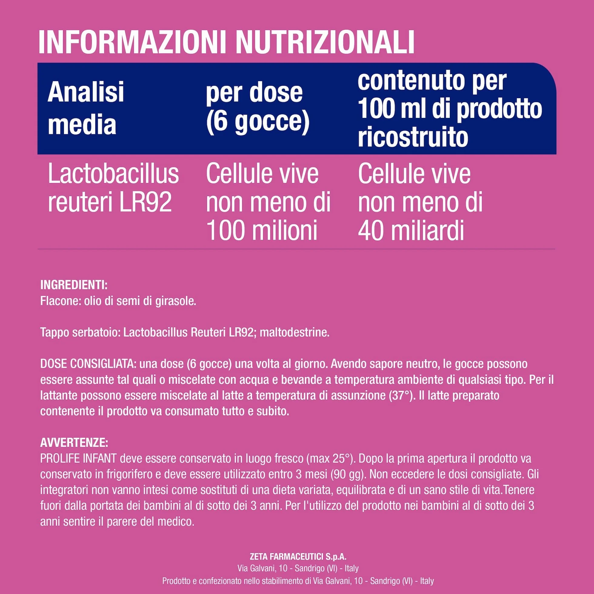 Prolife Infant Integratore per Bambini 0-24 Mesi con Lactobacillus Reuteri 100 Milioni di Fermenti per Dose 30 Dosi 8 ml
