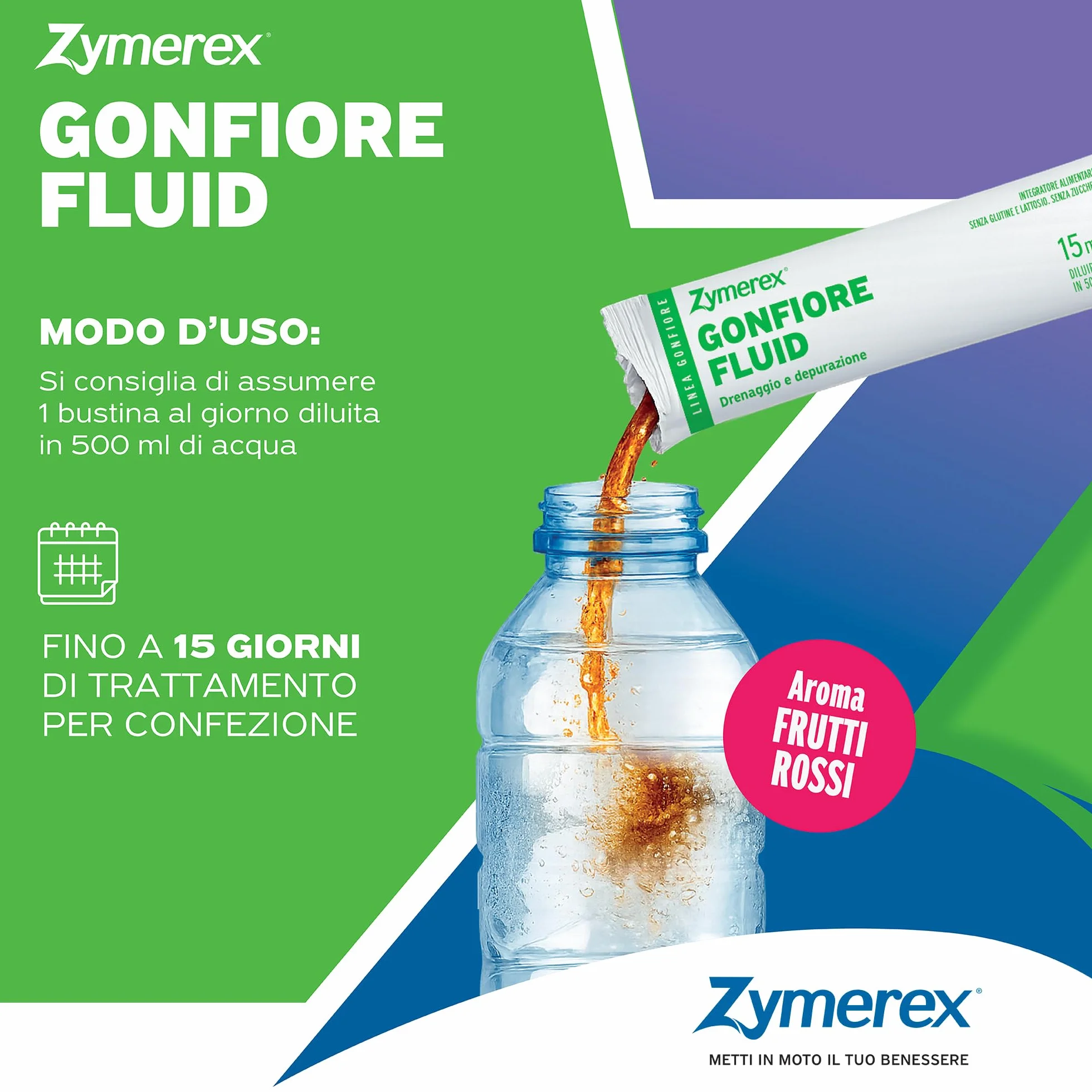 GONFIORE FLUID aroma FRUTTI ROSSI 15 Bustine monodose Drenaggio liquidi Depurazione Senza glutine e lattosio