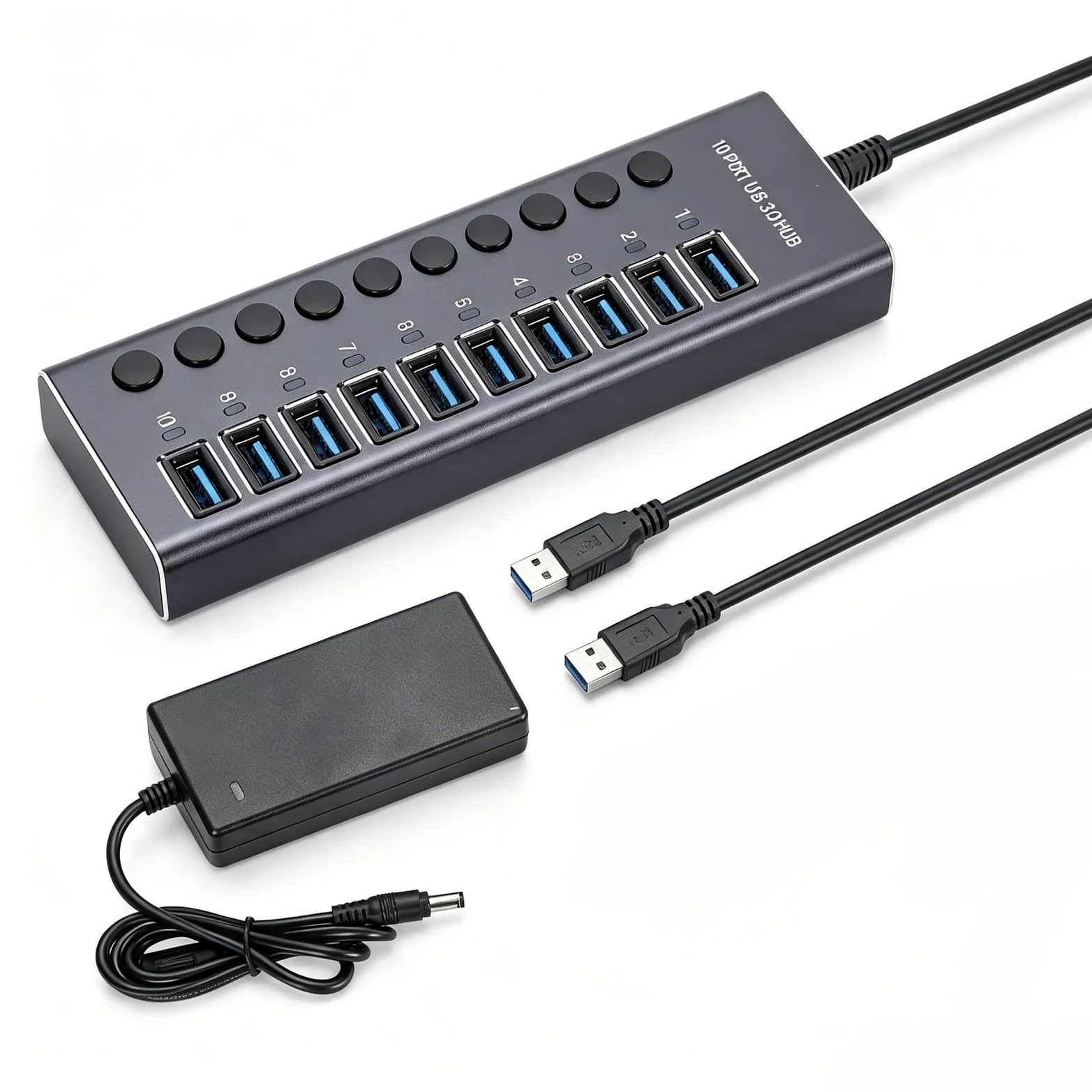 LICAEVEY Hub Dati USB 3.0, Splitter USB a 10 Porte (Spina europea) | Interruttori individuali, alimentatore da 60 W per console di gioco per PC desktop portatile