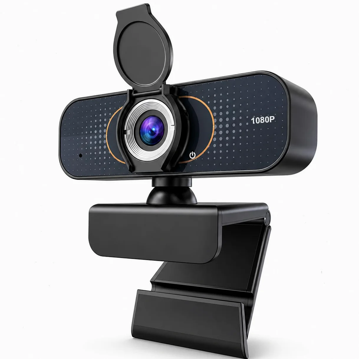 Webcam HD 1080P con treppiede girevole, microfono integrato, copertura per la privacy, fotocamera grandangolare, correzione automatica della luce, USB Plug & Play, per laptop, desktop, PC