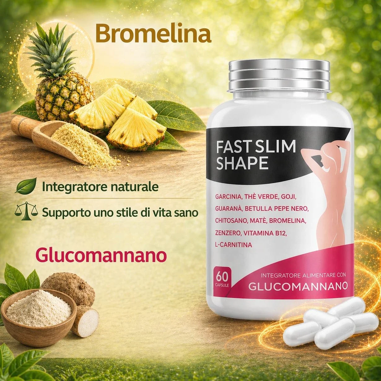 Glucomannano Integratore Controllo Peso con L-Carnitina e Garcinia Cambogia – 60 Capsule