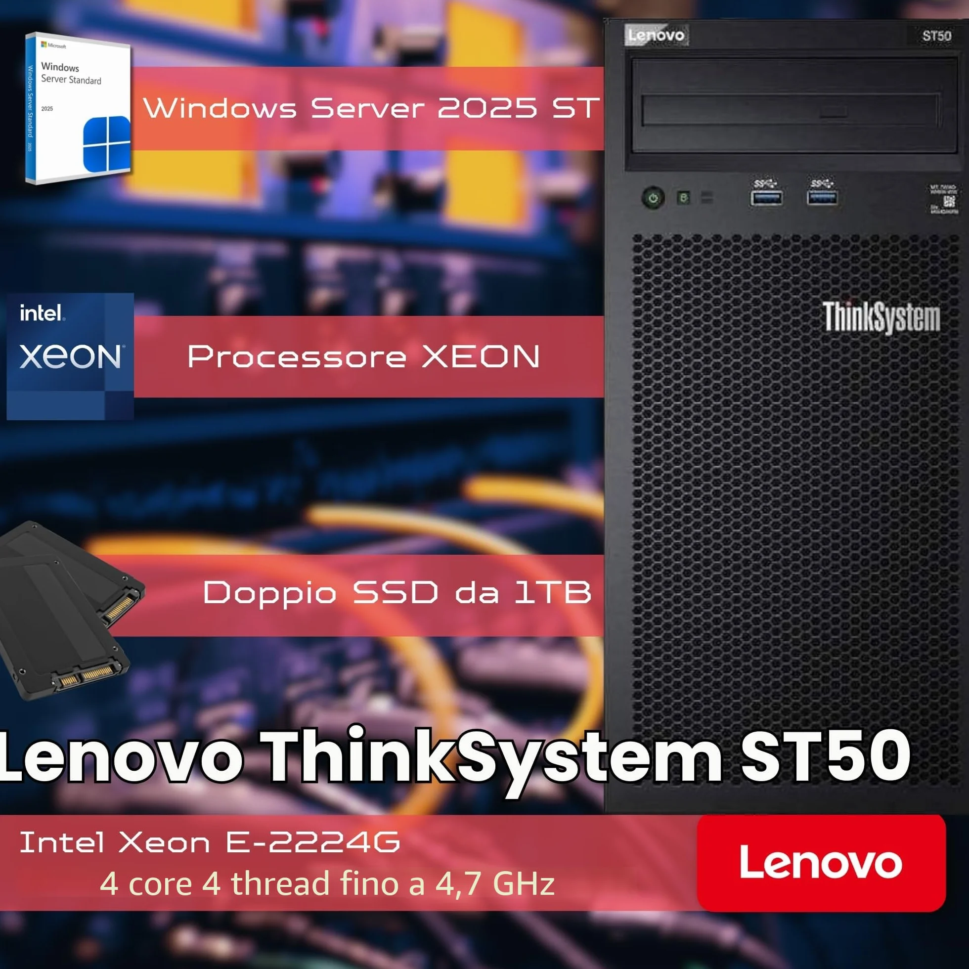 Lenovo ThinkSystem ST50 Server Intel Xeon E-2224G 16GB ECC RAM 2x1TB SSD Win Server 2025 Standard Ricondizionato