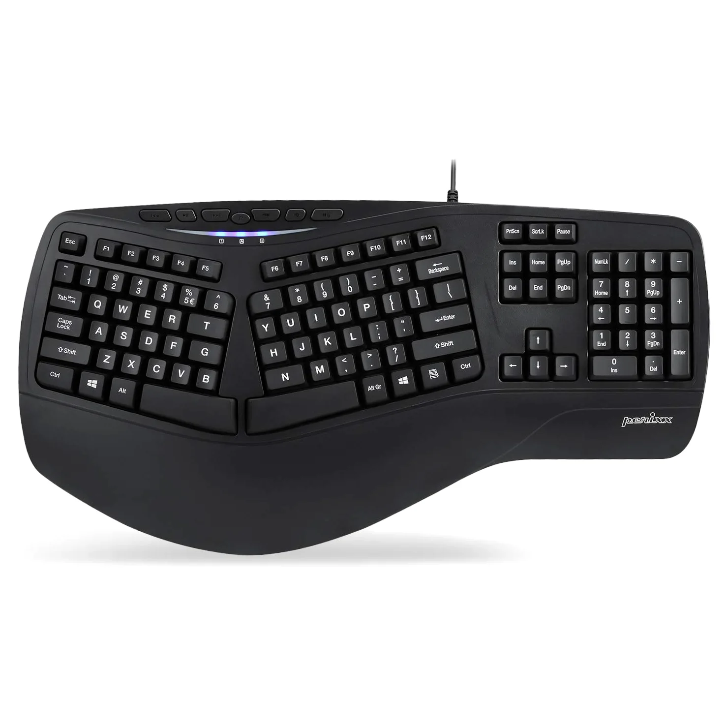 Perixx PERIBOARD-312 Tastiera Ergonomica Retroilluminata - USB con Filo - Con 2 Hubs - Natural Ergonomic Split Design - LED Bianco - Nero - US English Layout